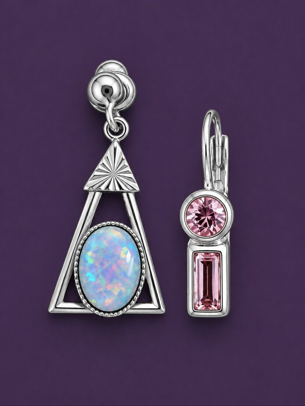 Vtg Mismatched Art Deco Atomic Sterling Leverback and Triangle Opal Earrings